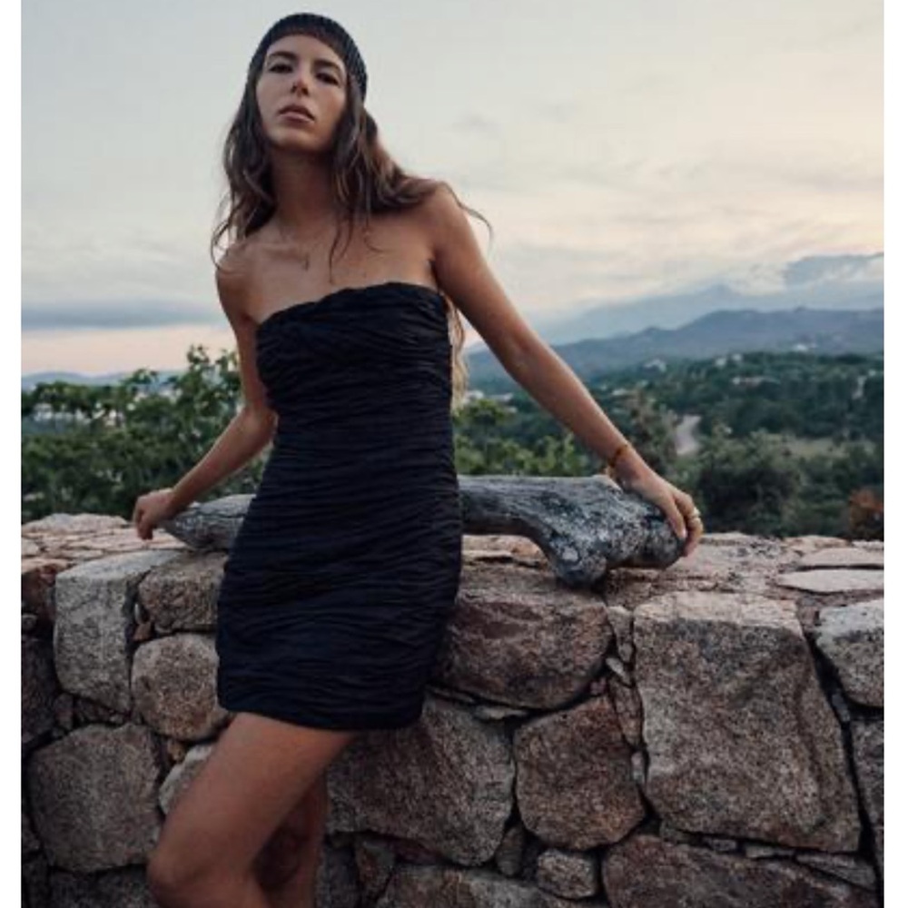Zara Draped Linen Blend Black Mini Dress Size L